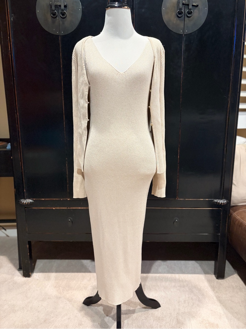 Rachel Zoe beige ribbed knit maxi dress and matching long cardigan